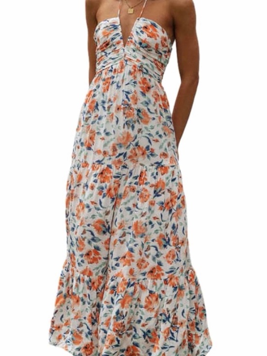 Dresses & Skirts - Strapless Floral Maxi Dress in White with Orange & Blue Print